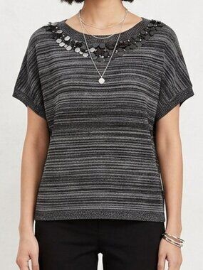 LOFT Striped Knit Short Sleeve Embellished Sequin Neckline Sweater Top Sz S